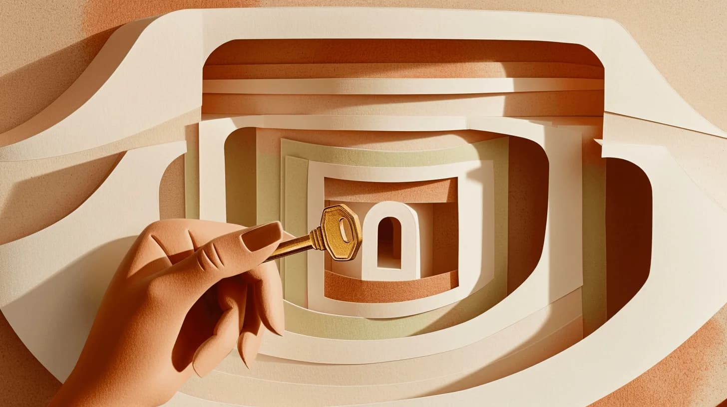 A paper-craft hand turns a small brass key in a layered cut-paper lock, the chambers behind it unfolding to reveal nested rooms.