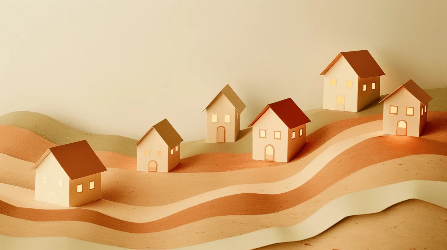Six small paper-craft houses arranged on a gentle hillside, four sitting in cool shadow and two glowing in warm directional light from a single source above.