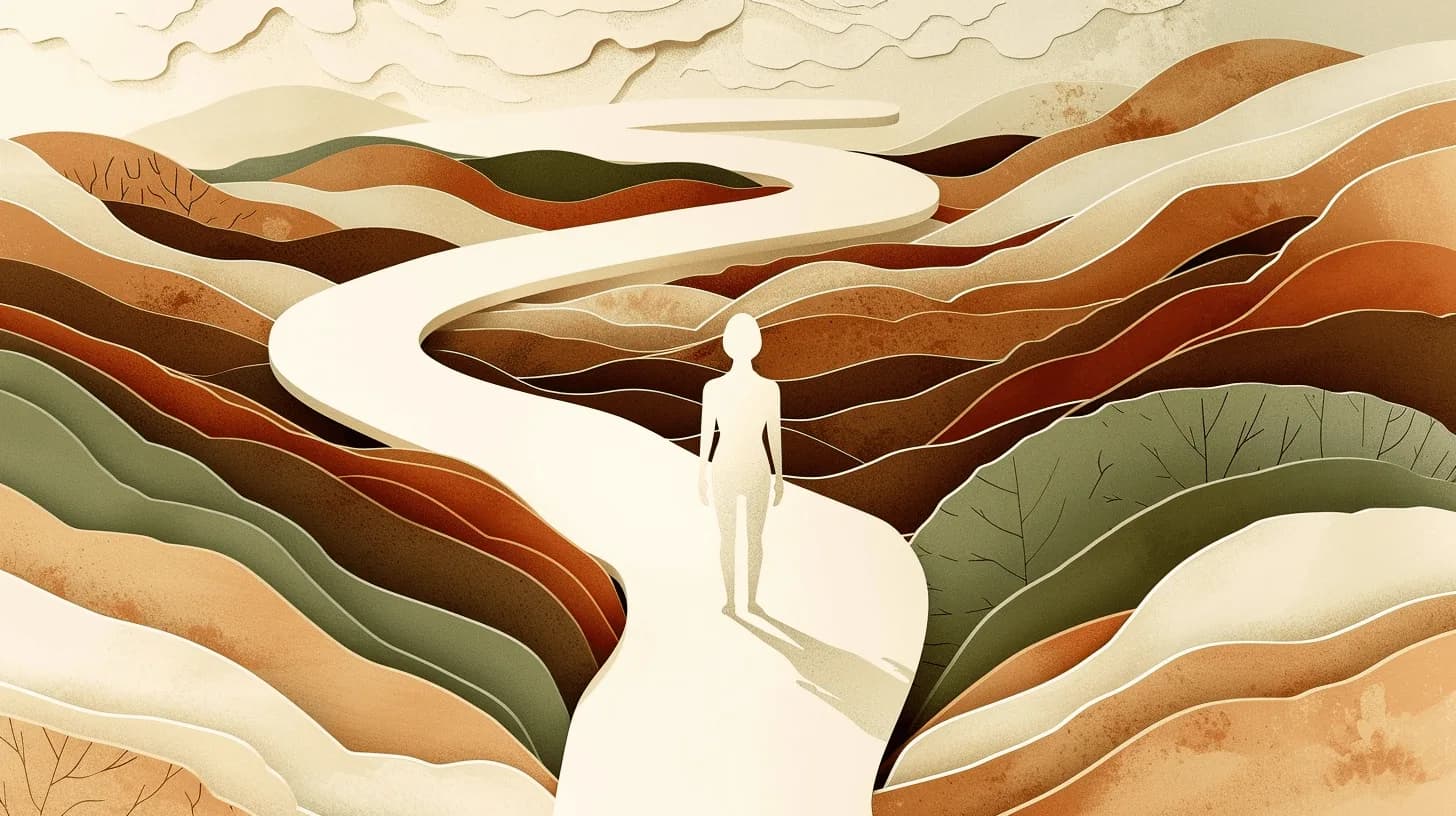 A single androgynous paper-craft figure silhouette stands at a fork in a winding paper path, two directions opening ahead.