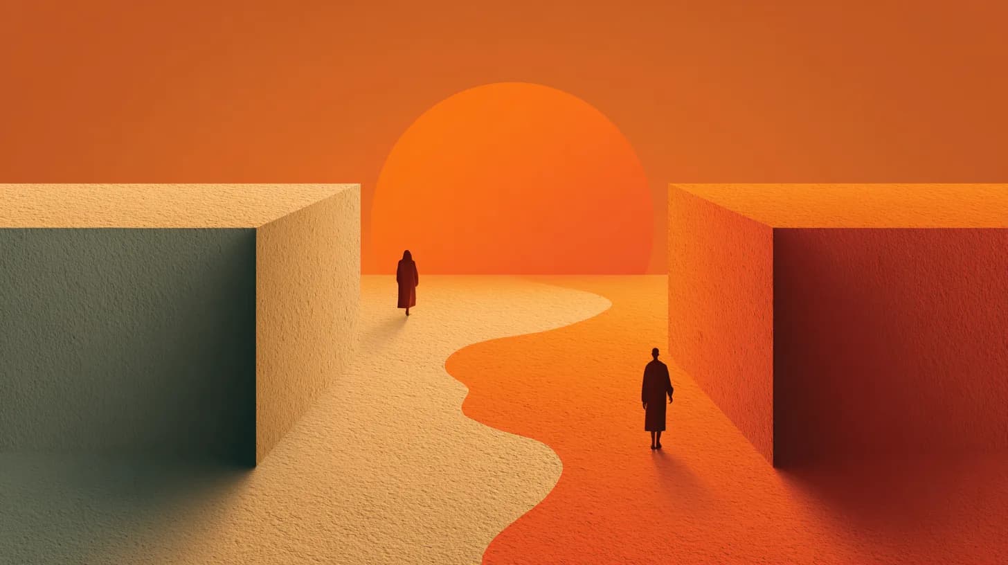 Two androgynous paper-craft figure silhouettes stand at opposite ends of a folded paper landscape, a single thread of light running between them across the fold.