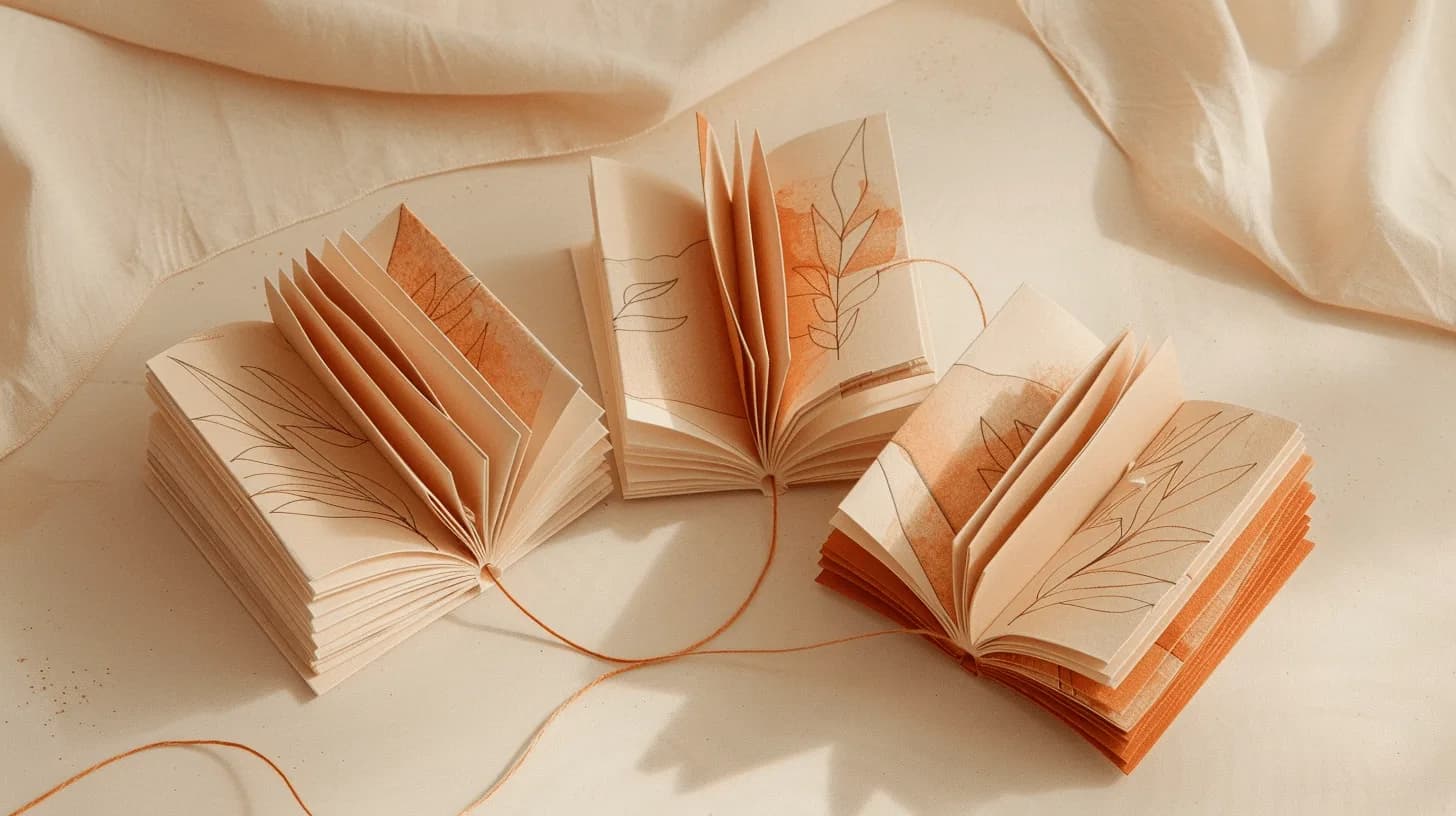 Three open paper-craft books stacked side by side with a single thread woven through their pages, connecting them across the spread.