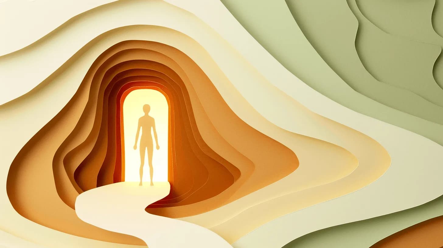 A single androgynous paper-craft figure silhouette approaches an unfamiliar lit door at the end of a winding path while the path behind them fades into shadow.