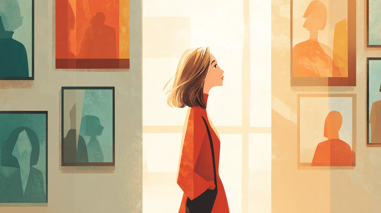 An androgynous paper-craft figure silhouette stands in a gallery of framed paper portraits that all share the same faint outline, one frame at the end still empty.